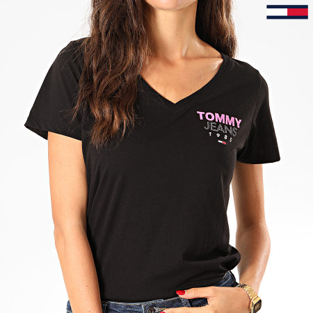 Tommy Hilfiger - Tee Shirt Col V Femme Essential Logo 7752 Noir Rose Fluo
