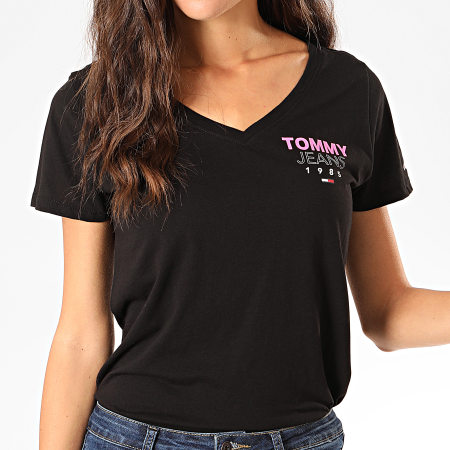 Tommy Hilfiger - Tee Shirt Col V Femme Essential Logo 7752 Noir Rose Fluo