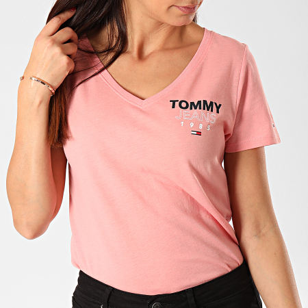 Tommy Jeans - Tee Shirt Col V Femme Essential Logo 7752 Rose