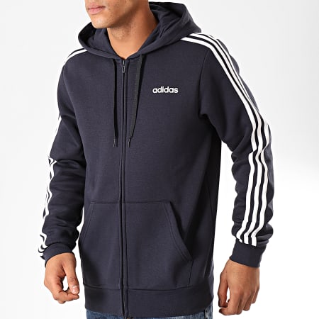 Adidas Originals - Sweat Zippé Capuche A Bandes Essentials DU0475 Bleu Marine Blanc