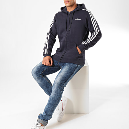Adidas Originals - Sweat Zippé Capuche A Bandes Essentials DU0475 Bleu Marine Blanc