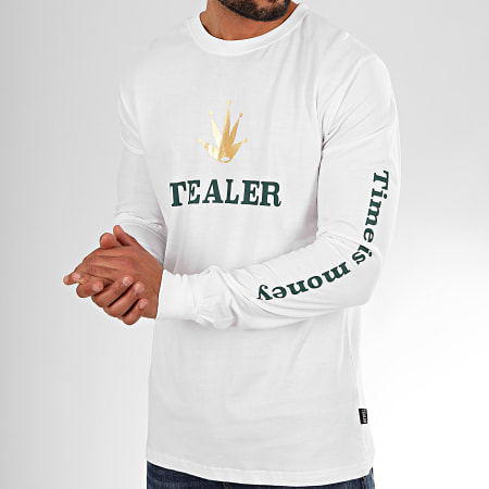 Tealer - Tee Shirt Manches Longues Time Is Money Blanc Vert Doré