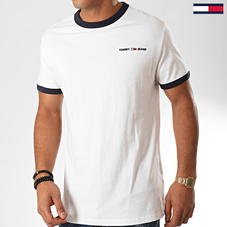 Tommy Jeans - Tee Shirt Ringer Logo 7475 Blanc Bleu Marine