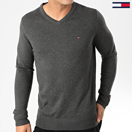 Tommy Hilfiger - Pull Col V Core Cotton-Silk 4979 Gris Anthracite Chiné