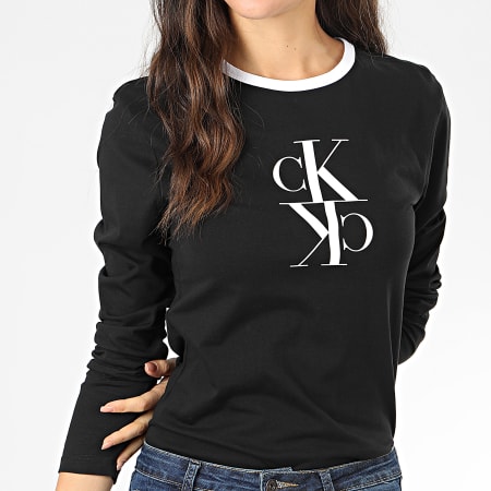 Calvin Klein - Tee Shirt Manches Longues Femme Mirrored Monogram Ringer 3067 Noir