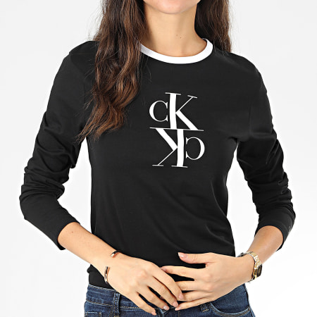 Calvin Klein - Tee Shirt Manches Longues Femme Mirrored Monogram Ringer 3067 Noir