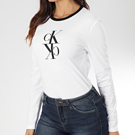 Calvin Klein - Tee Shirt Manches Longues Femme Mirrored Monogram Ringer 3067 Blanc Noir