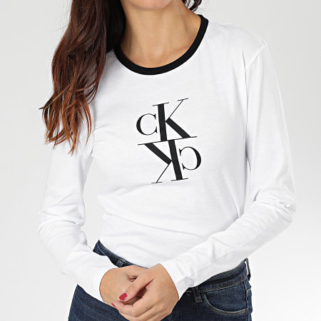 Calvin Klein - Tee Shirt Manches Longues Femme Mirrored Monogram Ringer 3067 Blanc Noir