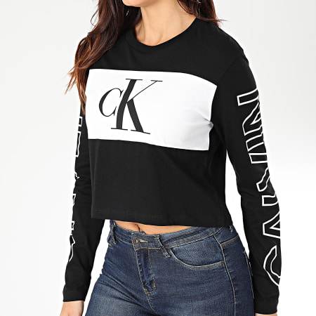 Calvin Klein - Tee Shirt Crop Femme Manches Longues Blocking Statement Logo 3125 Noir Blanc