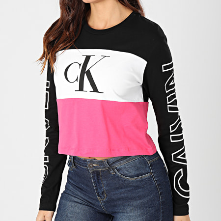 Calvin Klein - Tee Shirt Crop Femme Manches Longues Blocking Statement Logo 3125 Noir Blanc Rose