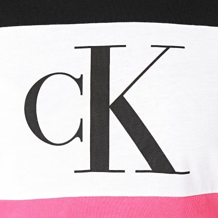Calvin Klein - Tee Shirt Crop Femme Manches Longues Blocking Statement Logo 3125 Noir Blanc Rose