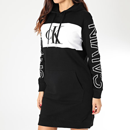 Calvin Klein - Robe Sweat Capuche Femme Blocking Statement Logo 3278 Noir Blanc