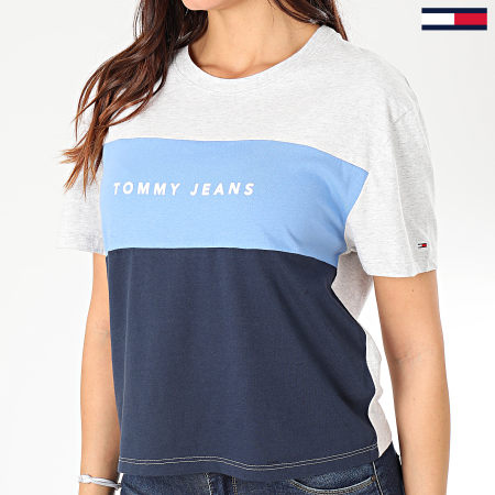 Tommy Jeans - Tee Shirt Femme Stripe Logo 7536 Gris Chiné Bleu Clair Bleu Marine