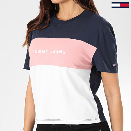 Tommy Jeans - Tee Shirt Femme Stripe Logo 7536 Bleu Marine Rose Blanc