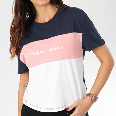 Tommy Jeans - Tee Shirt Femme Stripe Logo 7536 Bleu Marine Rose Blanc