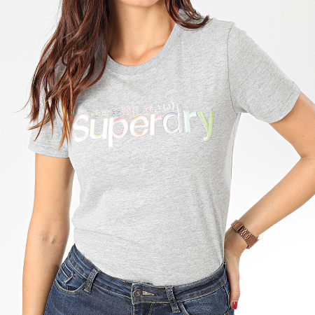 Superdry - Tee Shirt Slim Femme Classic Rainbow Embroidered Entry W1000057A Gris Chiné