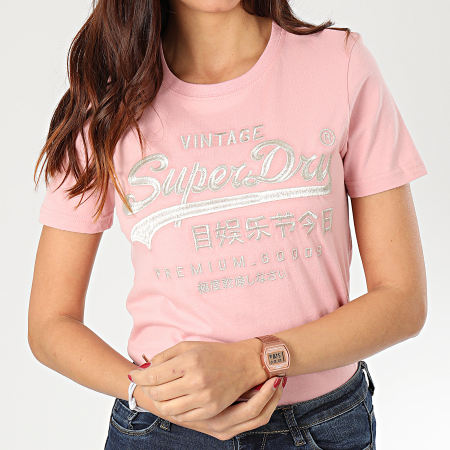 Superdry - Tee Shirt Slim Femme Premium Goods Luxe Embroidered W1000067A Rose Doré