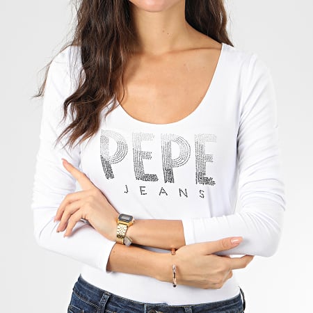 Pepe Jeans - Tee Shirt Manches Longues Femme Strass Calissa Blanc Argenté