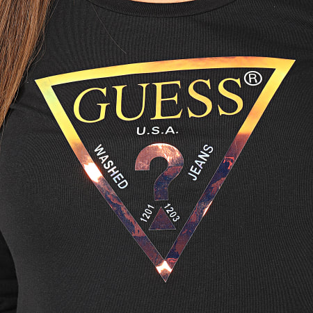 Guess - Tee Shirt Slim Manches Longues Femme W01I76-K6YW0 Noir Doré Iridescent