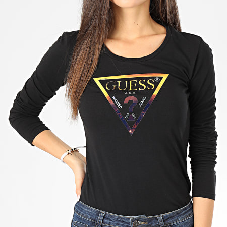 Guess - Tee Shirt Slim Manches Longues Femme W01I76-K6YW0 Noir Doré Iridescent