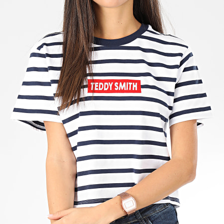 Teddy Smith - Tee Shirt Femme A Rayures Supera Blanc Bleu Marine