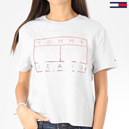 Tommy Jeans - Tee Shirt Femme Outline Flag 7537 Gris Chiné Rose Gold