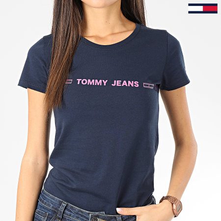 Tommy Jeans - Tee Shirt Femme Linear Logo 7799 Bleu Marine Rose