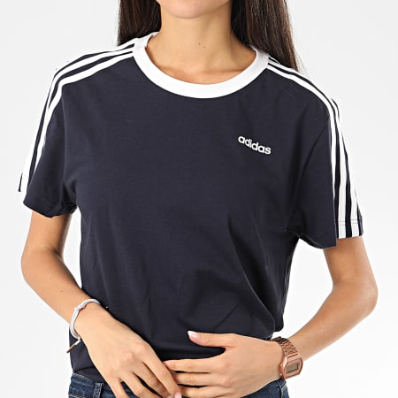 adidas - Tee Shirt Femme A Bandes Essential Boyfriend FN5778 Bleu Marine Blanc