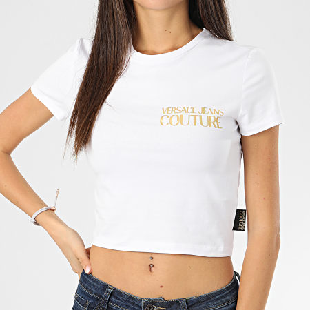 Versace Jeans Couture - Tee Shirt Crop Femme B2HVA720-10567 Blanc Doré