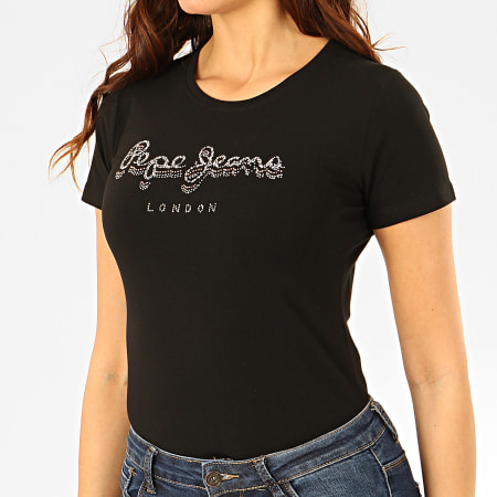 Pepe Jeans - Tee Shirt Femme A Strass Beatrice Noir Argenté