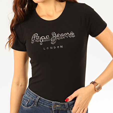 Pepe Jeans - Tee Shirt Femme A Strass Beatrice Noir Argenté