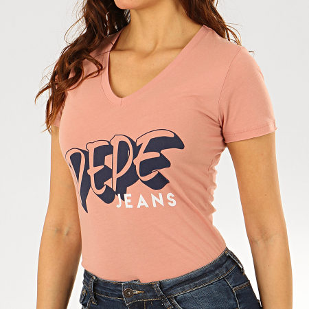 Pepe Jeans - Tee Shirt Col V Femme Adele Rose