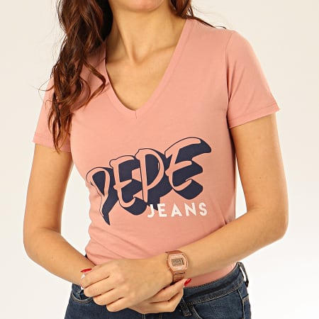 Pepe Jeans - Tee Shirt Col V Femme Adele Rose
