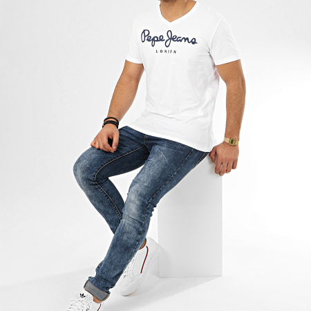 Pepe Jeans - Tee Shirt Slim Col V Original Stretch V PM500373 Blanc
