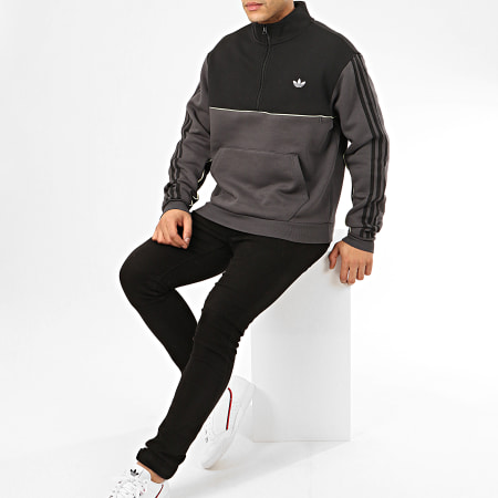 Adidas Originals - Sweat Col Zippé A Bandes Mod FM1403 Noir Gris Anthracite