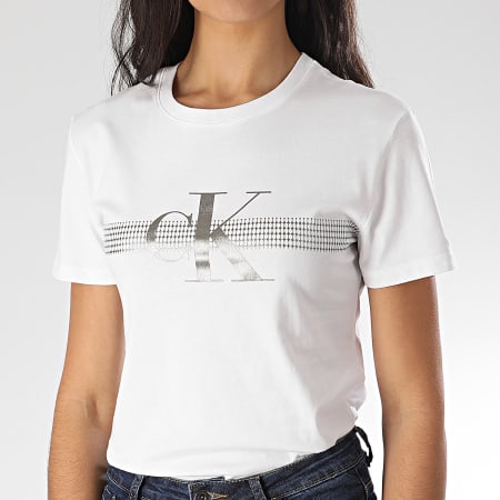 Calvin Klein - Tee Shirt Femme Metallic Mesh 3554 Blanc Argenté