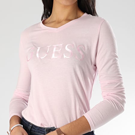 Guess - Tee Shirt Slim Col V Femme Manches Longues W0GI24-K46D0 Rose