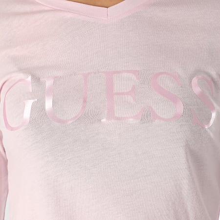 Guess - Tee Shirt Slim Col V Femme Manches Longues W0GI24-K46D0 Rose