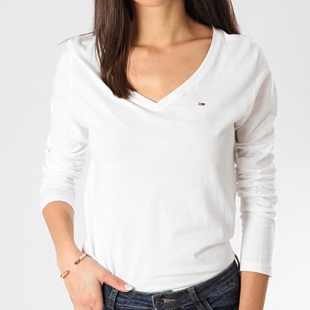 Tommy Hilfiger - Tee Shirt Manches Longues Femme Col V Soft Jersey 8297 Blanc