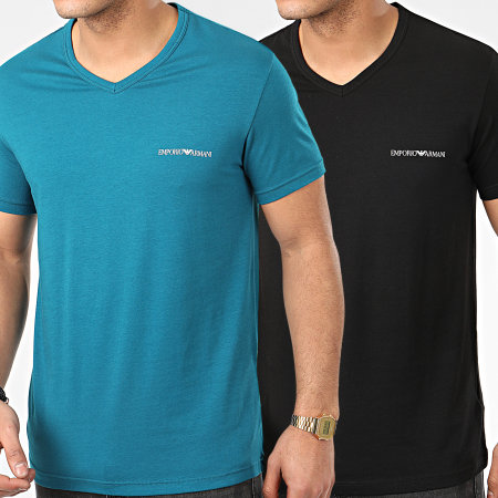 Emporio Armani - Lot De 2 Tee Shirts Col V 111849-0P717 Noir Turquoise