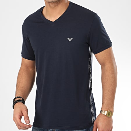 Emporio Armani - Tee Shirt Slim Col V A Bandes 111889-0P717 Bleu Marine