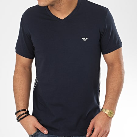 Emporio Armani - Tee Shirt Slim Col V A Bandes 111889-0P717 Bleu Marine
