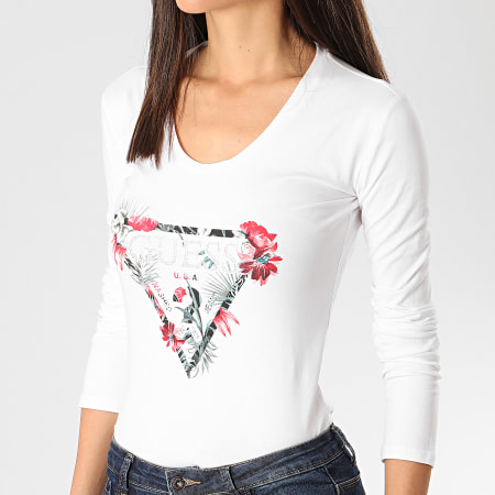 Guess - Tee Shirt Slim Femme Manches Longues A Strass W0GI9A-JA900 Blanc Floral