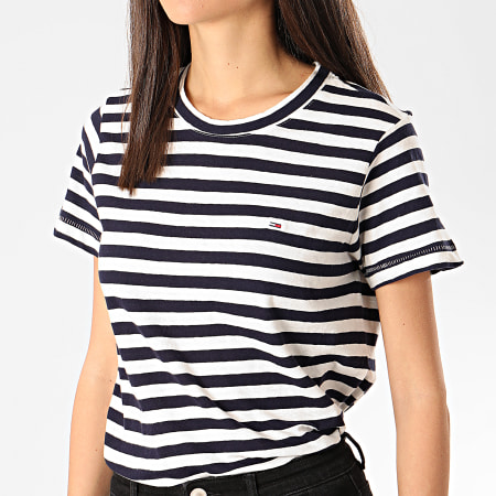 Tommy Jeans - Tee Shirt Femme A Rayures Textured Stripe 8011 Blanc Bleu Marine