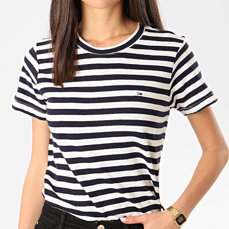Tommy Jeans - Tee Shirt Femme A Rayures Textured Stripe 8011 Blanc Bleu Marine