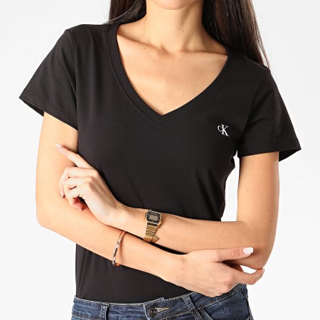 Calvin Klein - Tee Shirt Slim Femme Col V Embroidery Stretch 3716 Noir