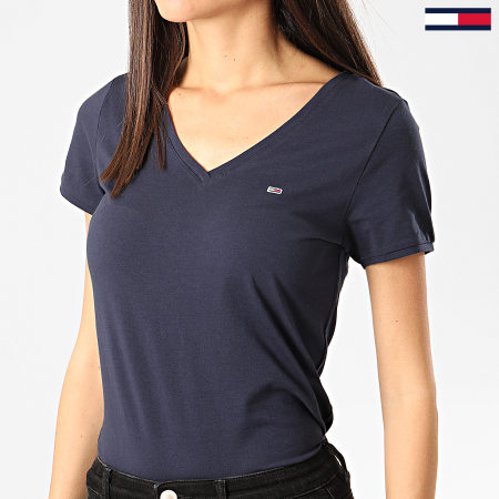 Tommy Jeans - Tee Shirt Col V Femme Stretch Bleu Marine