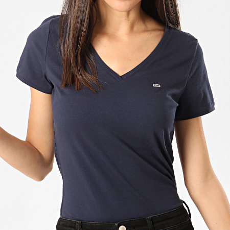 Tommy Jeans - Tee Shirt Col V Femme Stretch Bleu Marine