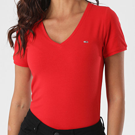 Tommy Jeans - Tee Shirt Col V Femme Stretch Rouge