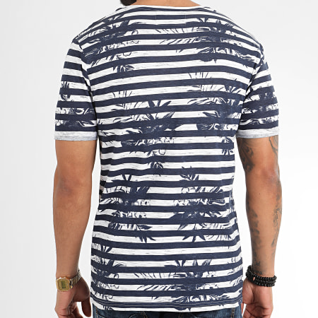 American People - Tee Shirt A Rayures Mages Blanc Chiné Bleu Marine Floral